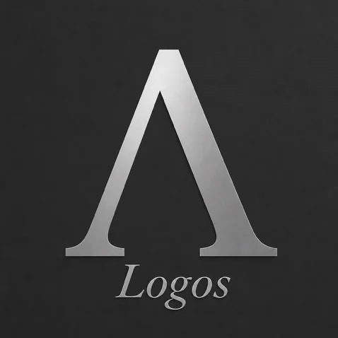 Emblema em prata com a letra grega lambda e a palavra Logos