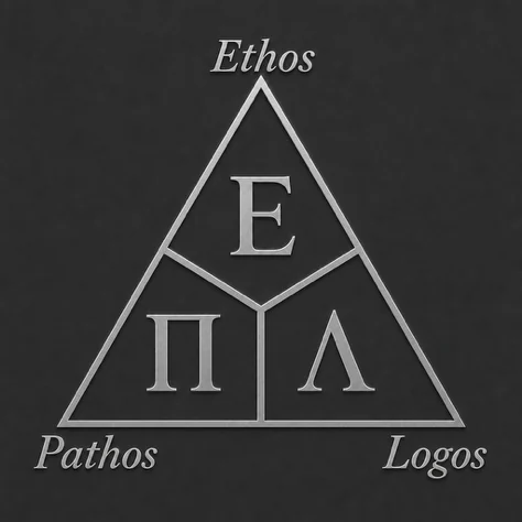 Emblema em prata: triângulo dividido em três partes com as letras gregas E, Π e Λ e os nomes Ethos, Pathos e Logos nos vértices